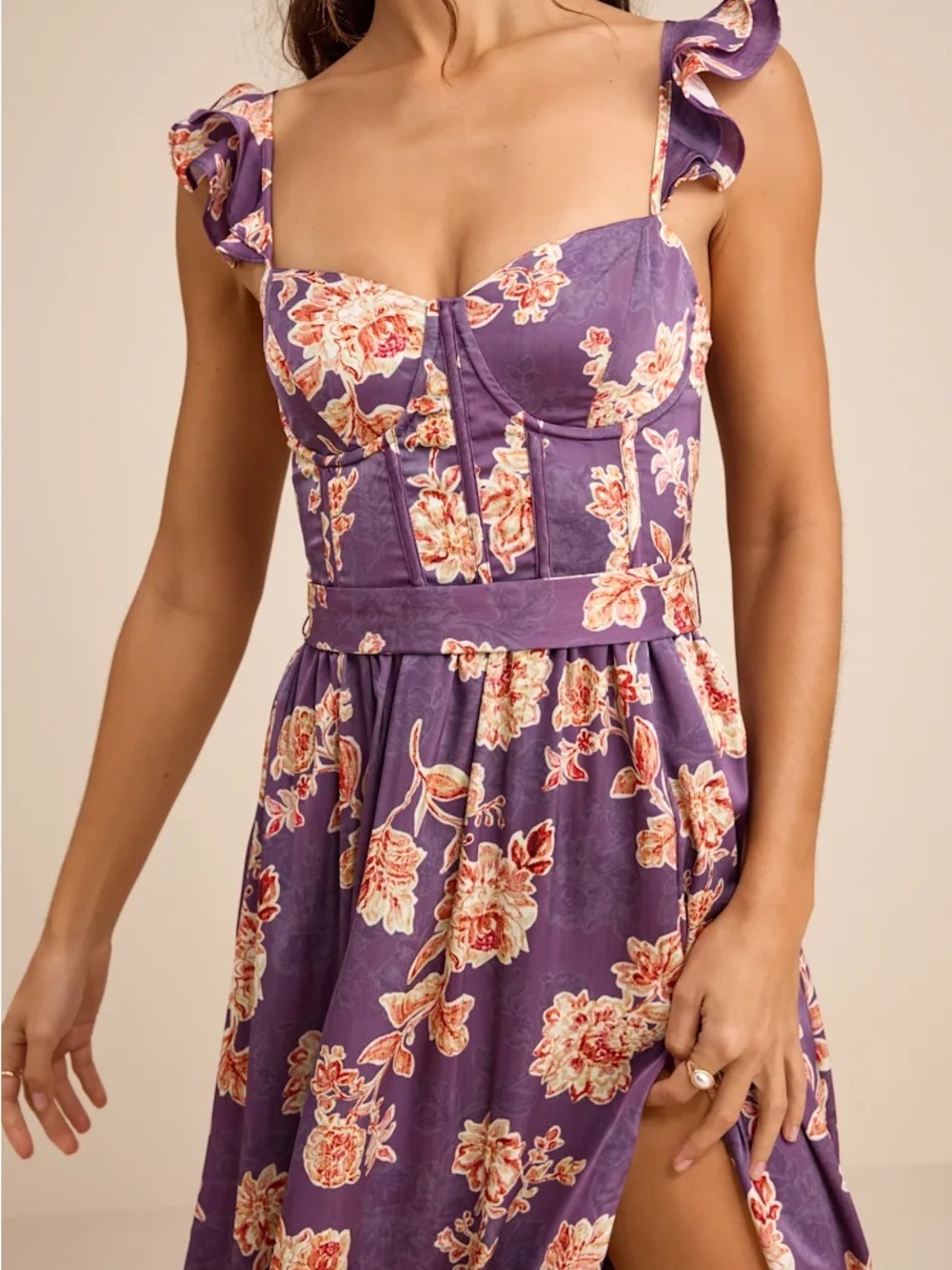 Lulus Sweet Like Sangria Purple Floral Ruffled Bustier Midi Dress - Picture 4 of 8